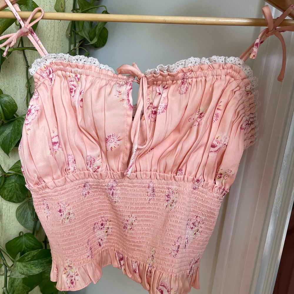 Free People Floral Satin Shirred Crop Tank